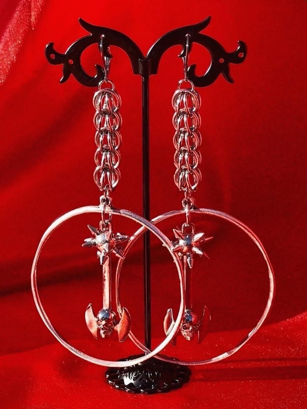 Muerte Profana Handmade Chainmail Morning Star Axe Hoop Earrings Stainless Steel